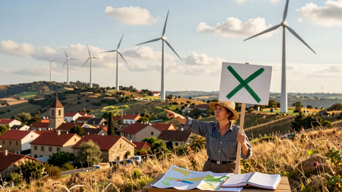 Mulher com chapéu segura placa com X verde, aponta para turbinas eólicas em área rural com casas.