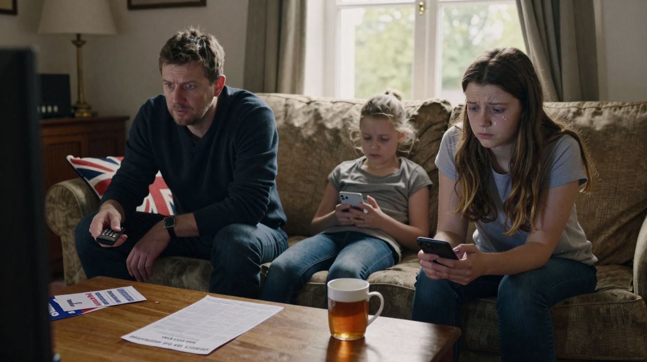 Homem e duas meninas sentados no sofá, uma das meninas está chorando e todos seguram celulares.
