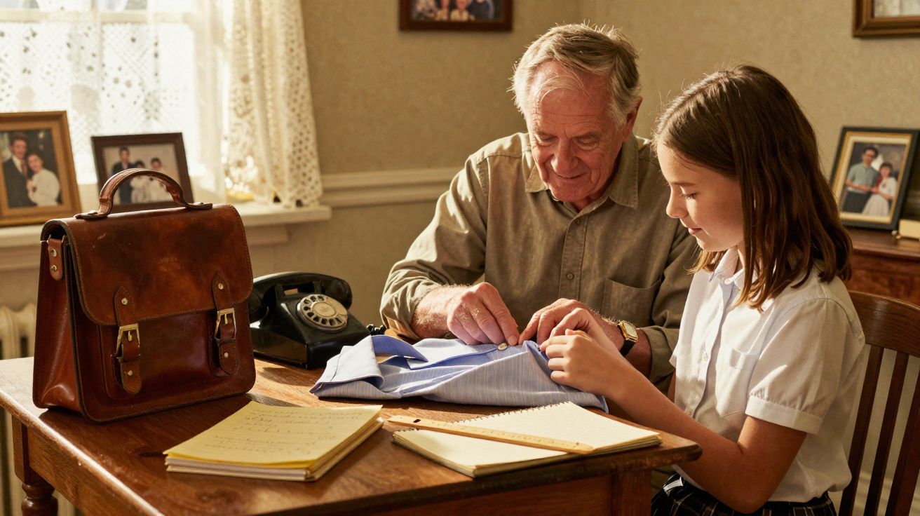 Idoso ensina menina a costurar em mesa com bolsa de couro, caderno e telefone antigo ao fundo.