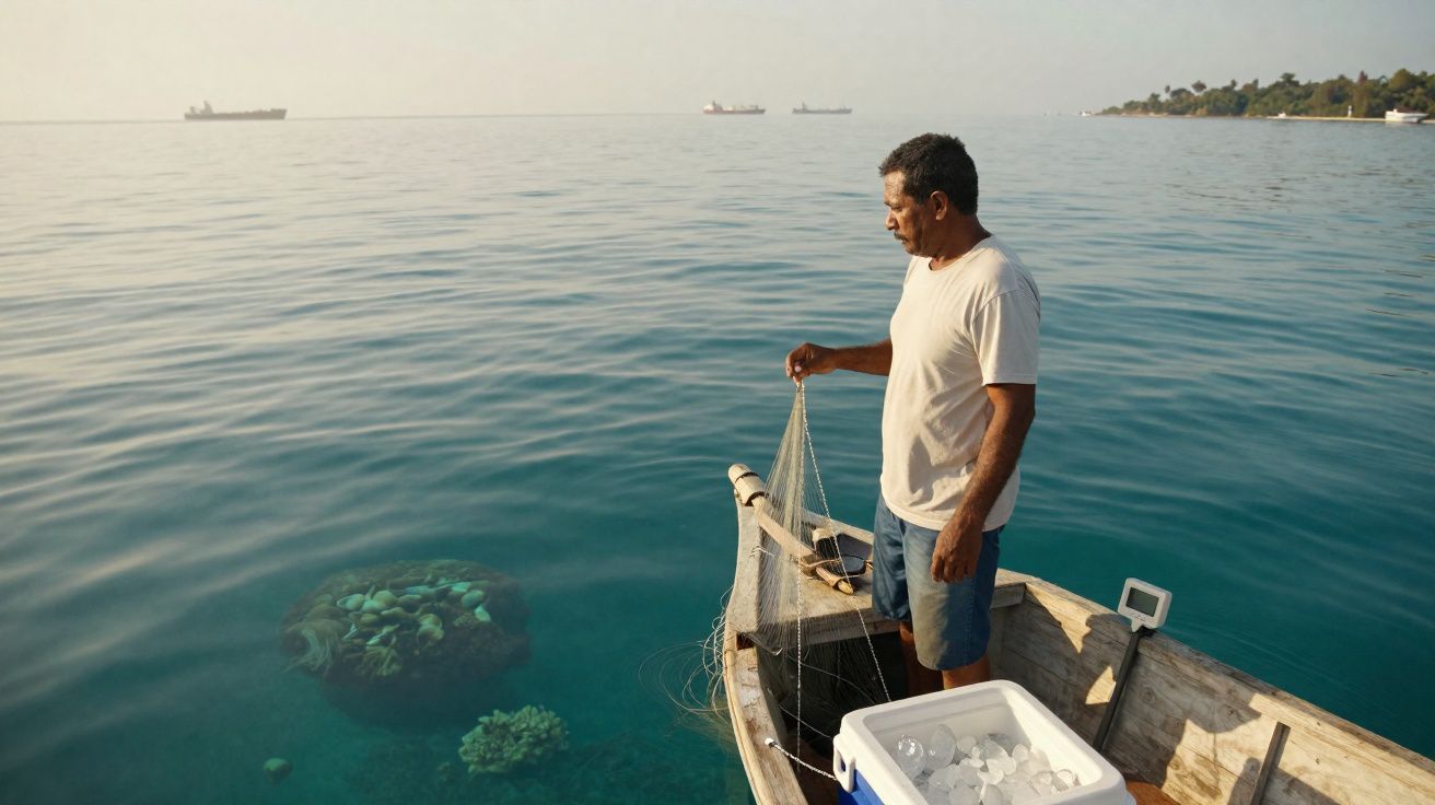 Homem em barco pequeno segura rede de pesca sobre mar calmo e transparente próximo a corais visíveis.