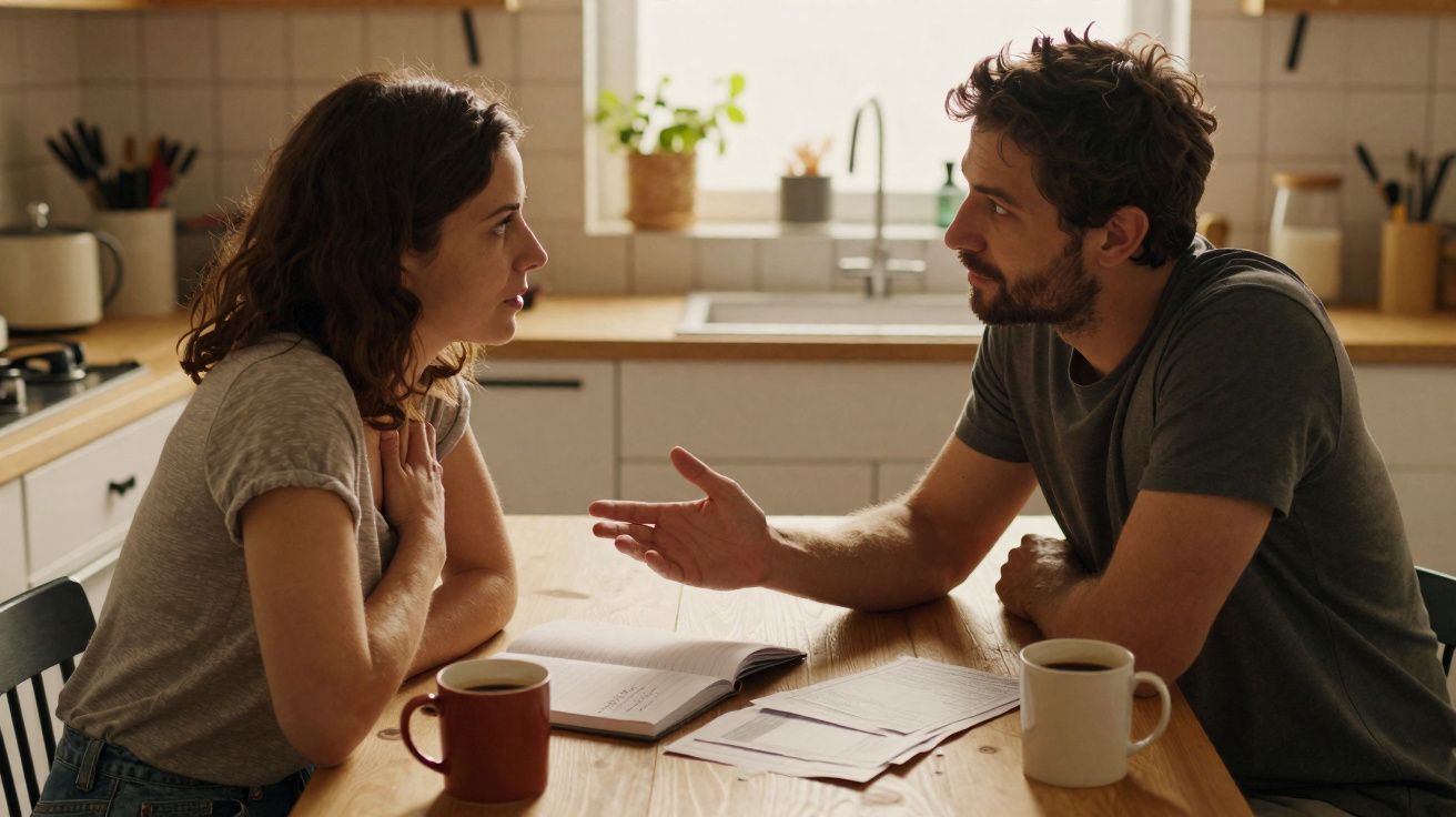 Casal conversa seriamente na cozinha, sentado à mesa com documentos e canecas de café.
