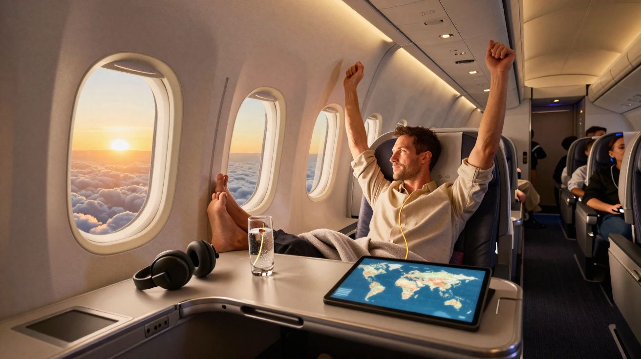 Homem relaxando na poltrona de avião ao pôr do sol com tablet e fone na mesa à frente.