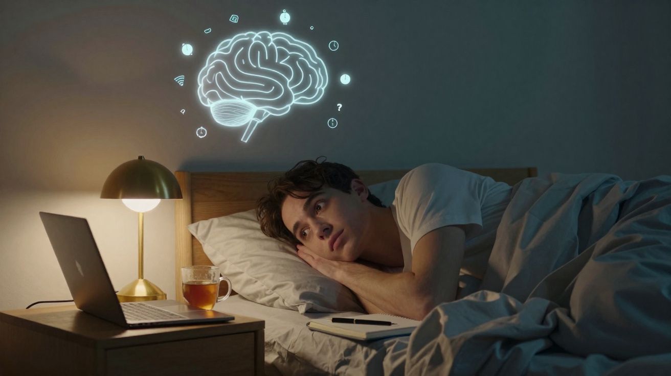 Jovem deitado na cama olhando pensativo para um cérebro iluminado e símbolos flutuando acima.