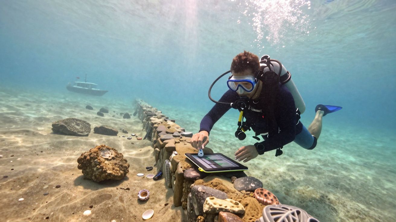 Mergulhador usando tablet realiza estudo em estrutura subaquática com elementos marinhos ao redor.