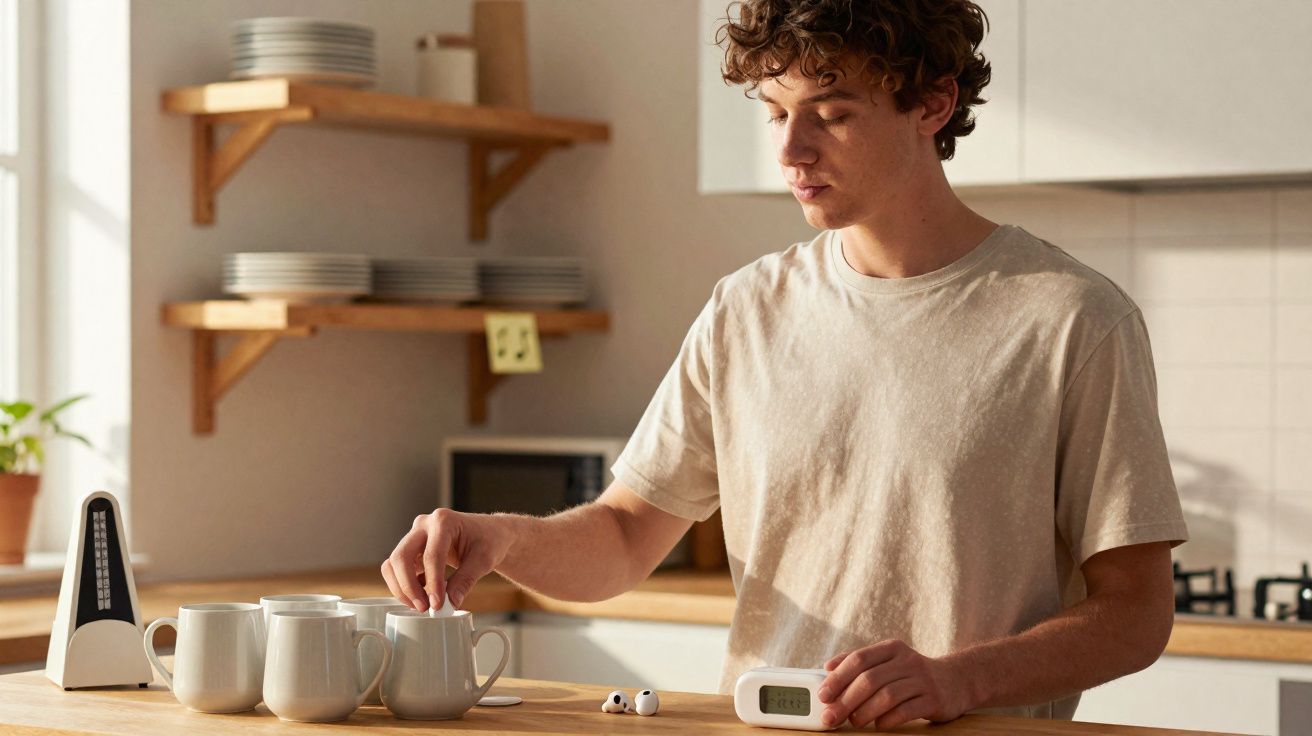 Jovem em cozinha colocando colher em caneca branca ao lado de cronômetro digital e fones de ouvido.