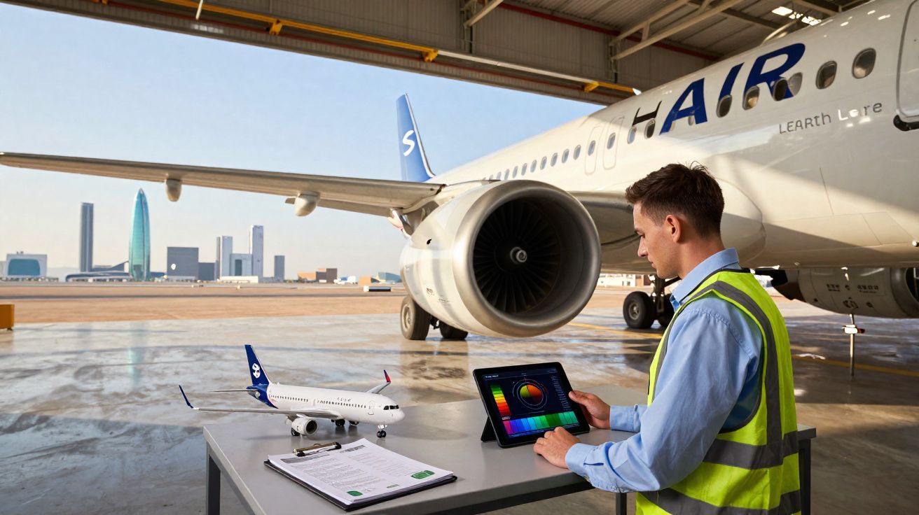 Homem com colete refletivo analisa dados em tablet ao lado de modelo de avião e avião real no hangar.