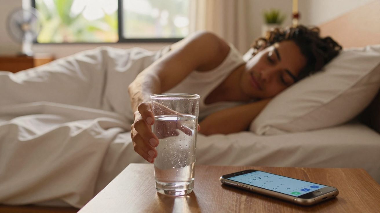 Pessoa deitada na cama pegando um copo de água em um criado-mudo com celular ao lado.