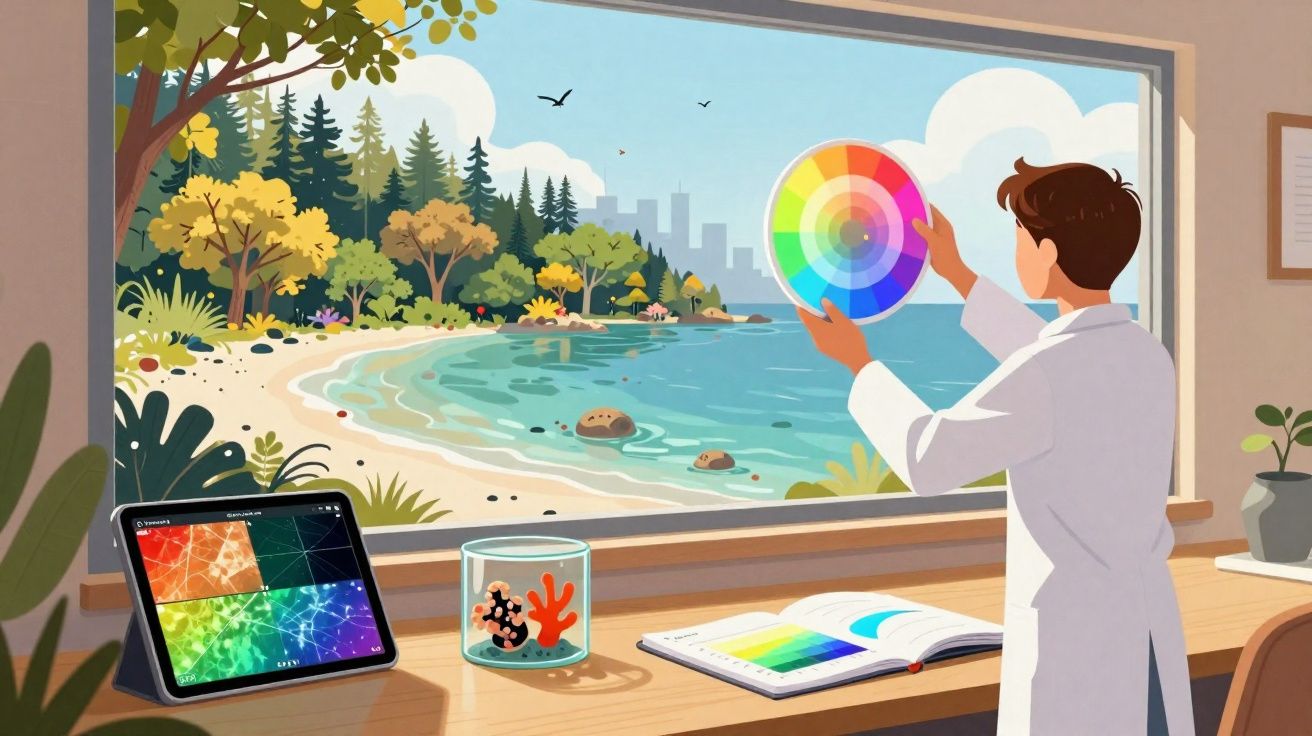 Pessoa em jaleco manipulando disco de cores diante de janela com vista para praia e floresta.