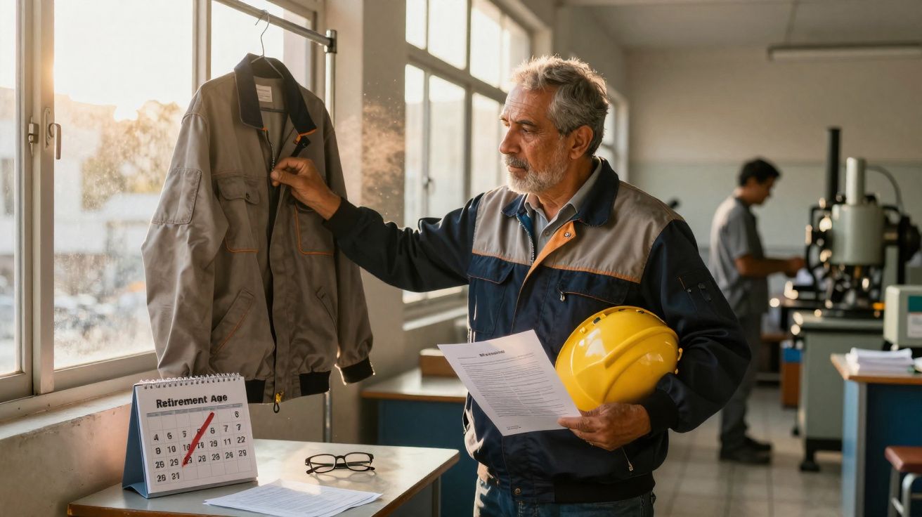 Homem de meia-idade segura capacete e documento, olhando para jaqueta pendurada perto de calendário com data de aposentadoria