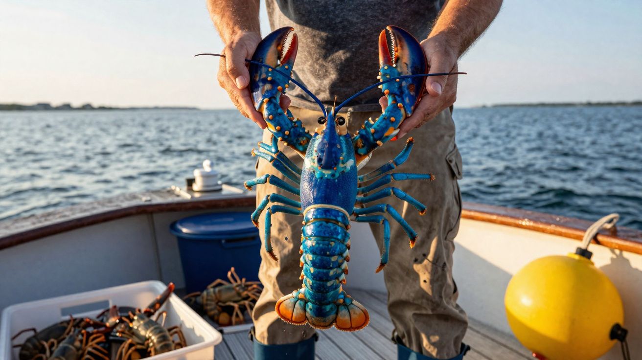 Homem em barco segurando lagosta azul com outras lagostas em caixa ao fundo, mar e céu ao entardecer.