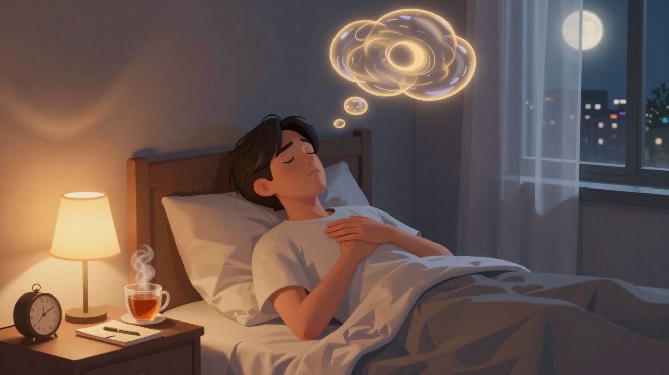 Jovem dormindo na cama com pensamento brilhante sobre planetas, lua cheia pela janela e xícara de chá na mesa.