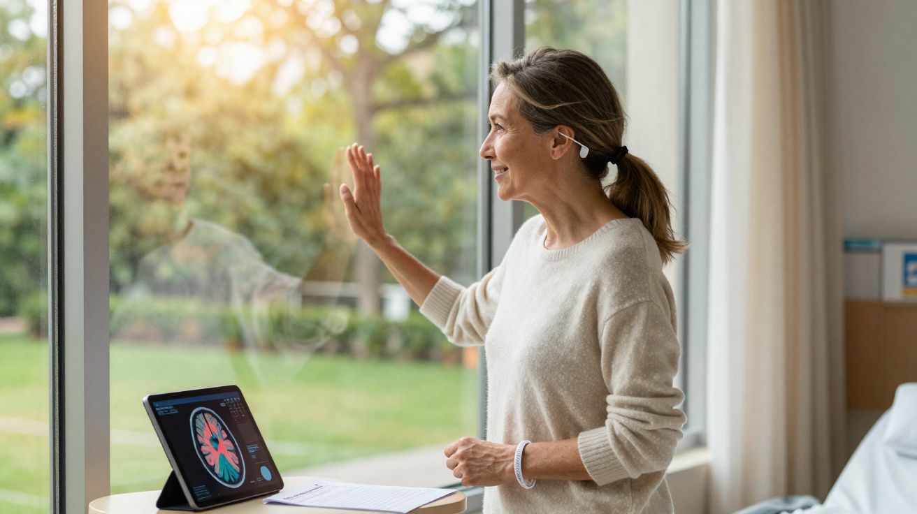 Mulher sorridente olhando pela janela, com tablet mostrando imagem de pulmão ao lado, em ambiente claro.