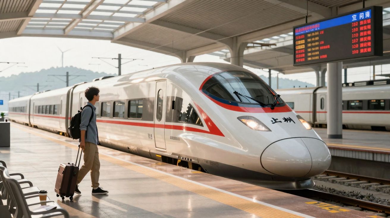 Jovem com mochila e mala esperando trem de alta velocidade em plataforma de estação moderna.