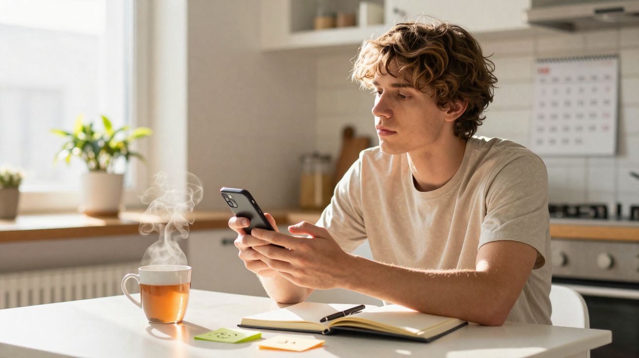 Jovem sentado na cozinha olhando para o celular com chá quente e caderno à sua frente.