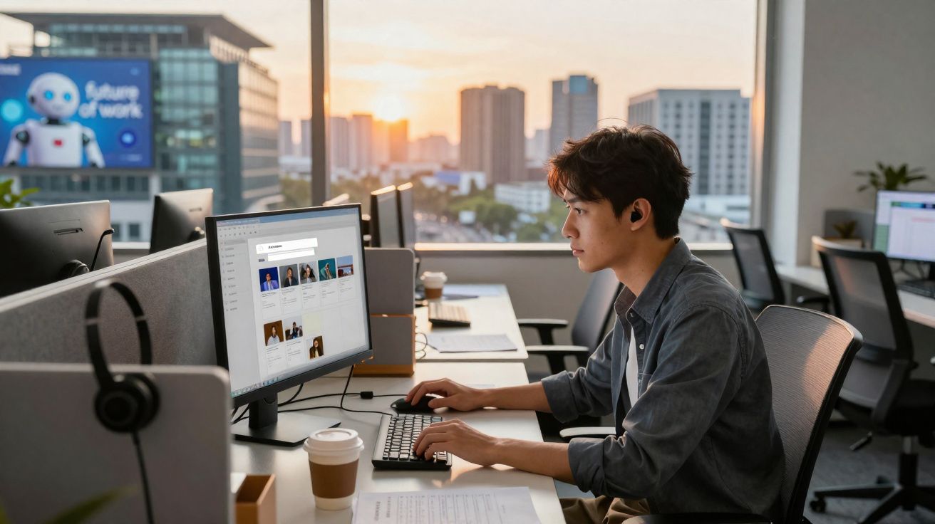 Jovem trabalhando em computador em escritório moderno com vista para cidade ao pôr do sol.