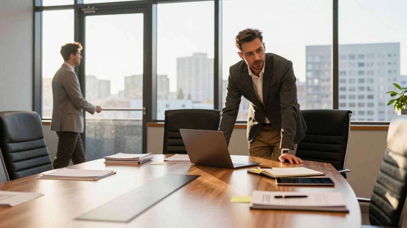 Dois homens de terno em sala de reunião com mesa de madeira, laptop e papéis, vista de prédios ao fundo.