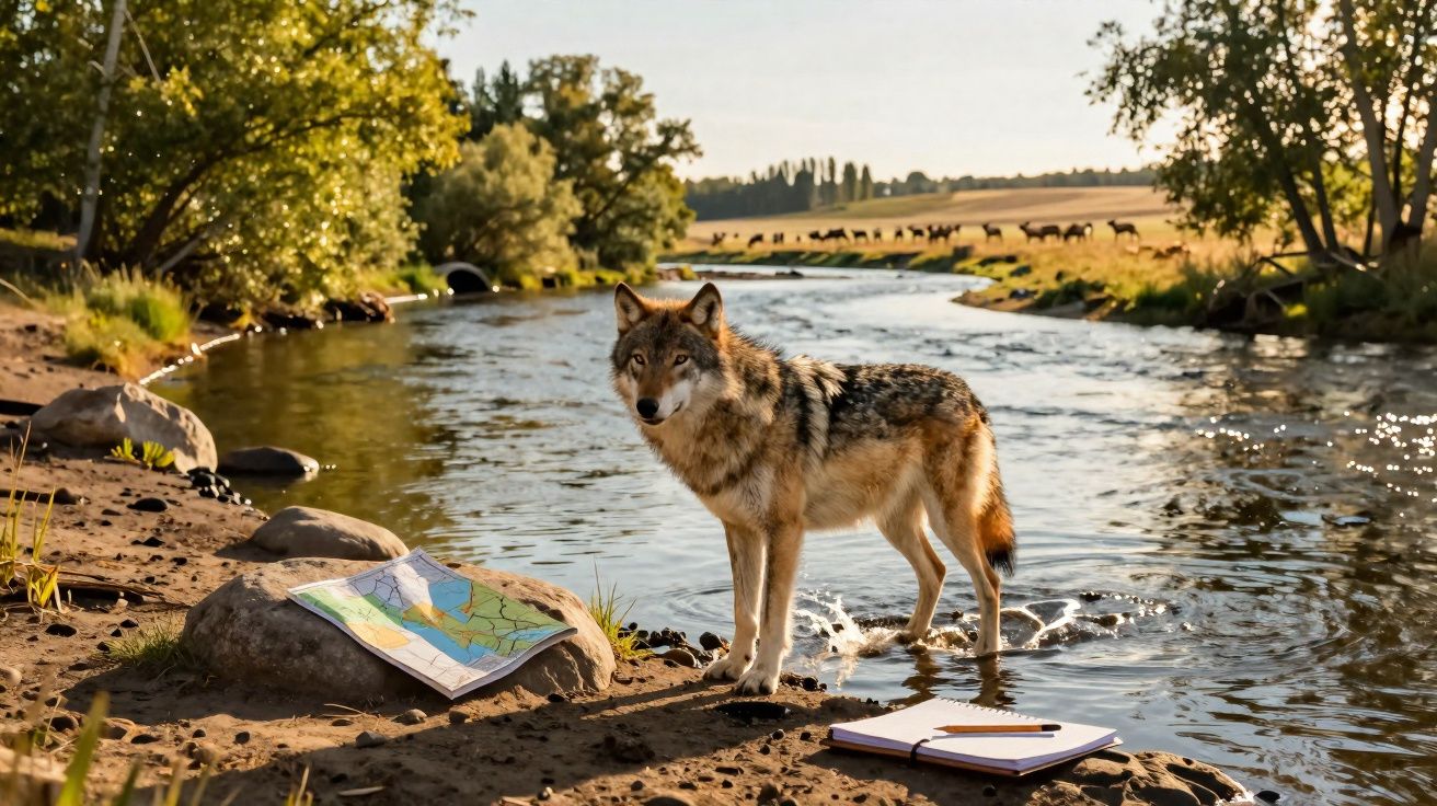 Lobo parado em córrego com mapa e caderno ao redor em paisagem rural ao entardecer.