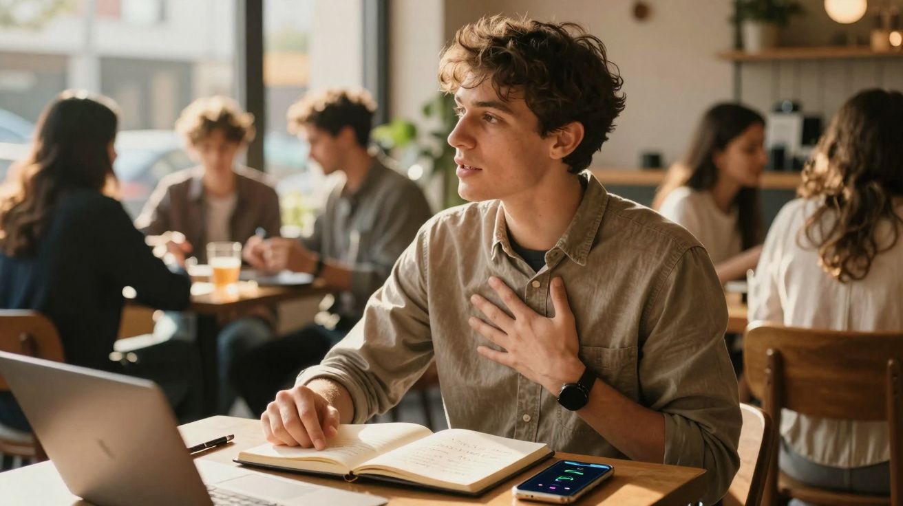 Jovem em café com laptop e caderno, gesticulando o peito enquanto conversa, grupo ao fundo em interação.