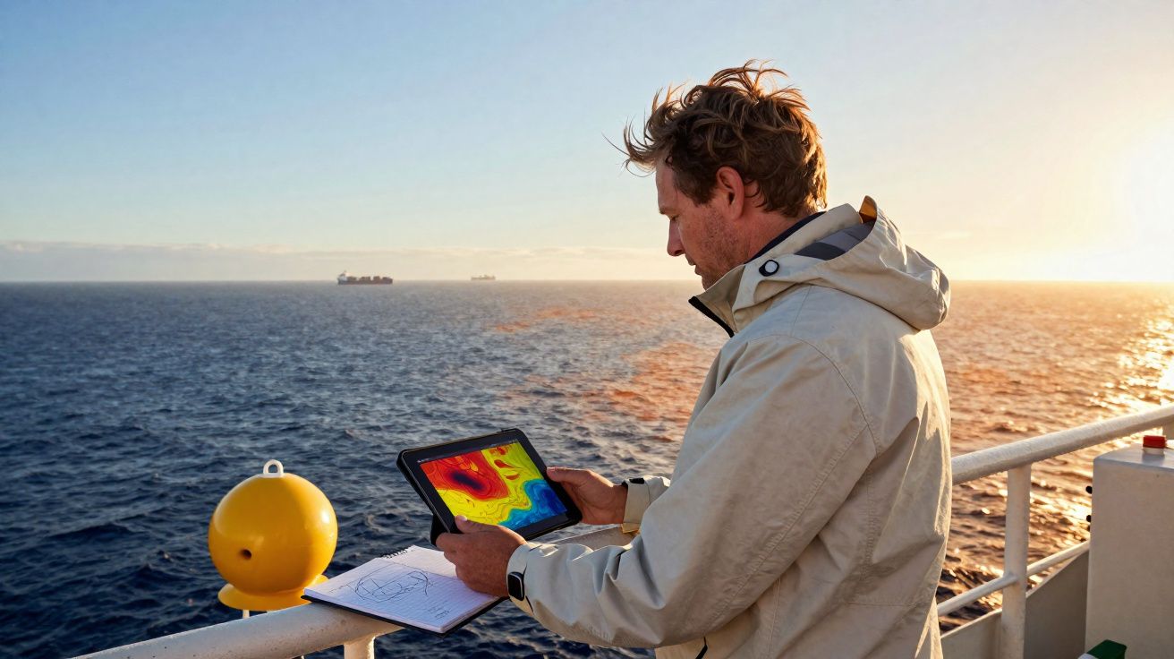 Homem analisa dados térmicos em tablet no convés de navio com mar ao fundo ao pôr do sol.