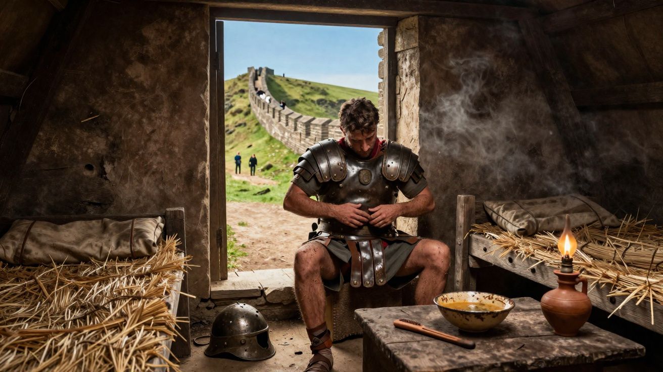 Homem vestido de soldado romano sentado em quarto rústico, com muralha ao fundo e luz de lamparina.