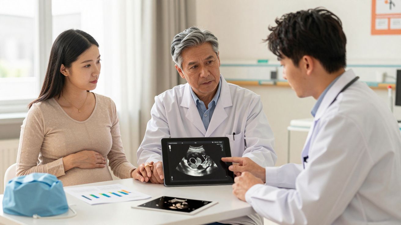 Mulher grávida com médico segurando tablet e outro médico explicando exame de ultrassom em consultório.