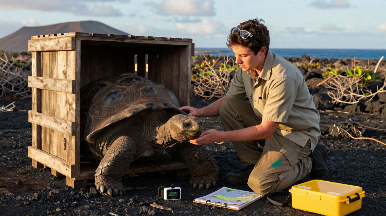 Homem ajoelhado cuidando de uma tartaruga gigante saindo de uma caixa de madeira em ambiente natural.