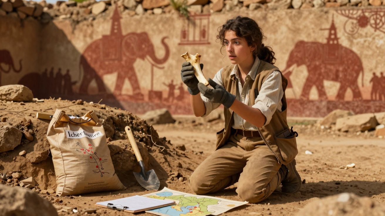 Mulher arqueóloga examina osso antigo em escavação arqueológica com mapa e saco ao redor.