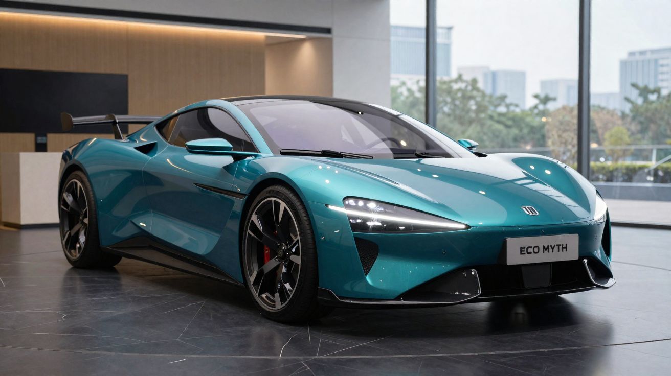 Carro esportivo elétrico azul metálico Eco Myth estacionado em ambiente interno moderno.