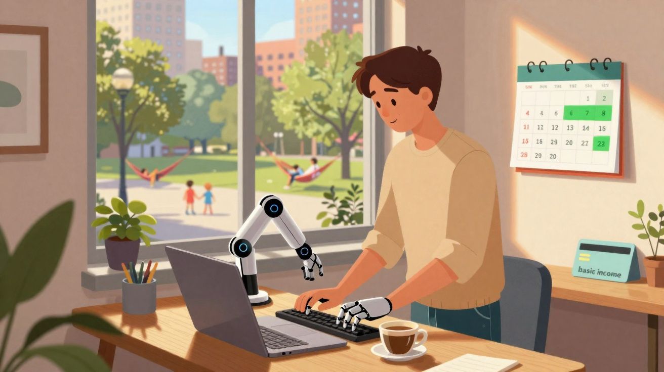 Homem usando prótese robótica nas mãos trabalha em laptop em escritório com janela para parque urbano.