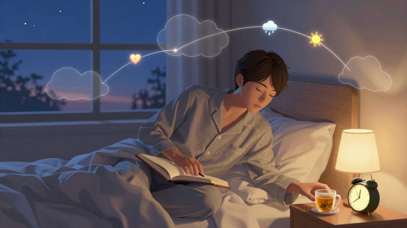 Pessoa sentada na cama à noite, lendo livro e pegando chá ao lado do abajur e relógio despertador.