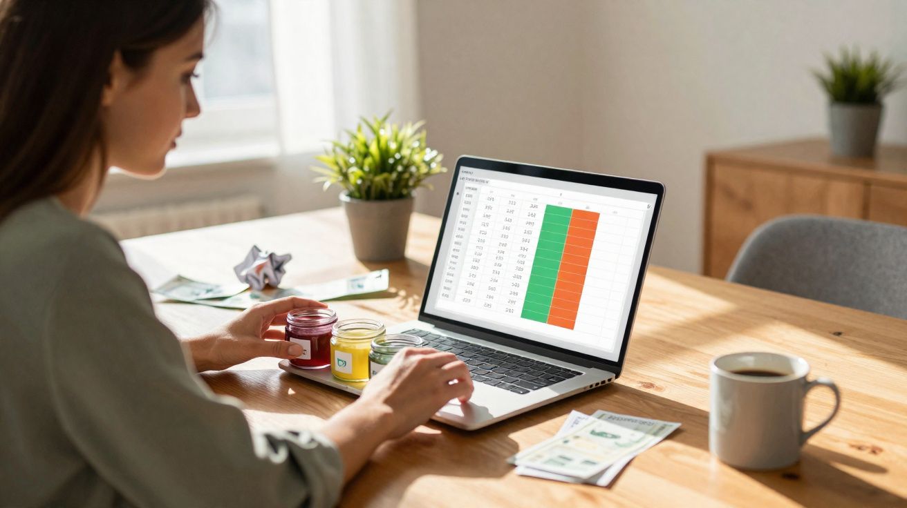 Mulher trabalhando em planilha no laptop em mesa com vela, cédulas de dólar, xícara de café e planta.