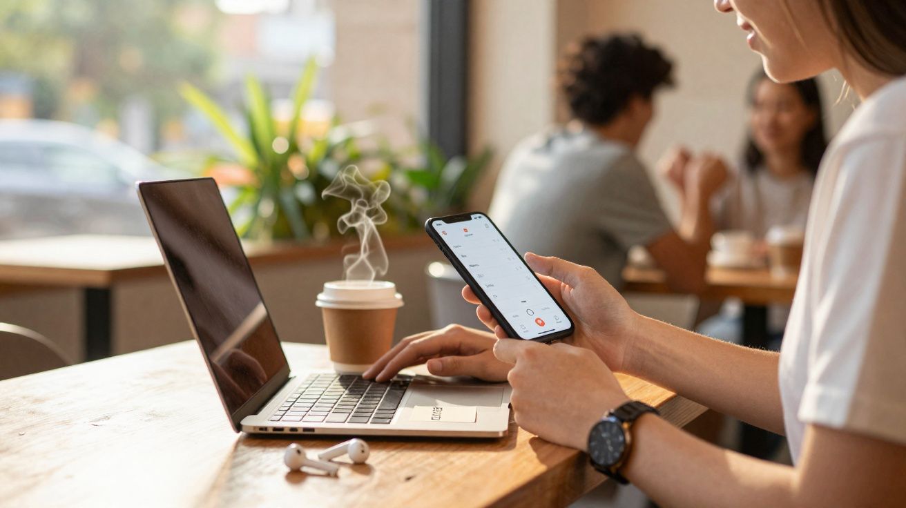 Pessoa usando celular e notebook em cafeteria com xícara de café fumegante sobre a mesa.