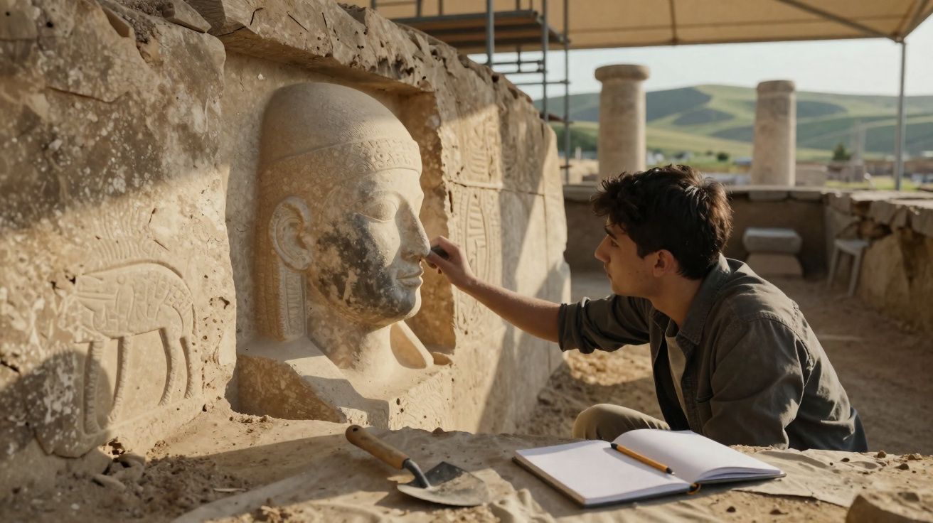 Homem escavando e examinando uma escultura antiga de pedra em sítio arqueológico ao ar livre.