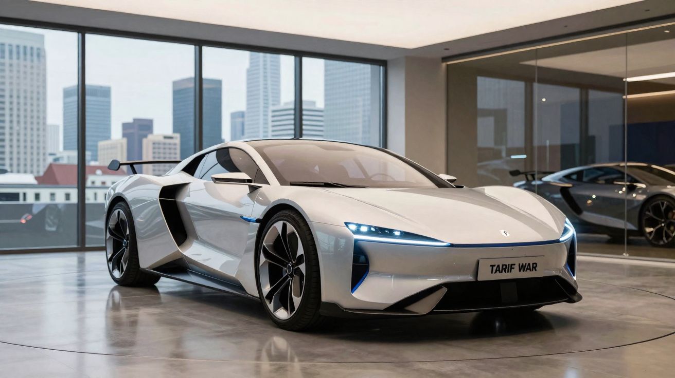 Carro esportivo elétrico branco em exposição em showroom com grandes janelas e vista para a cidade.