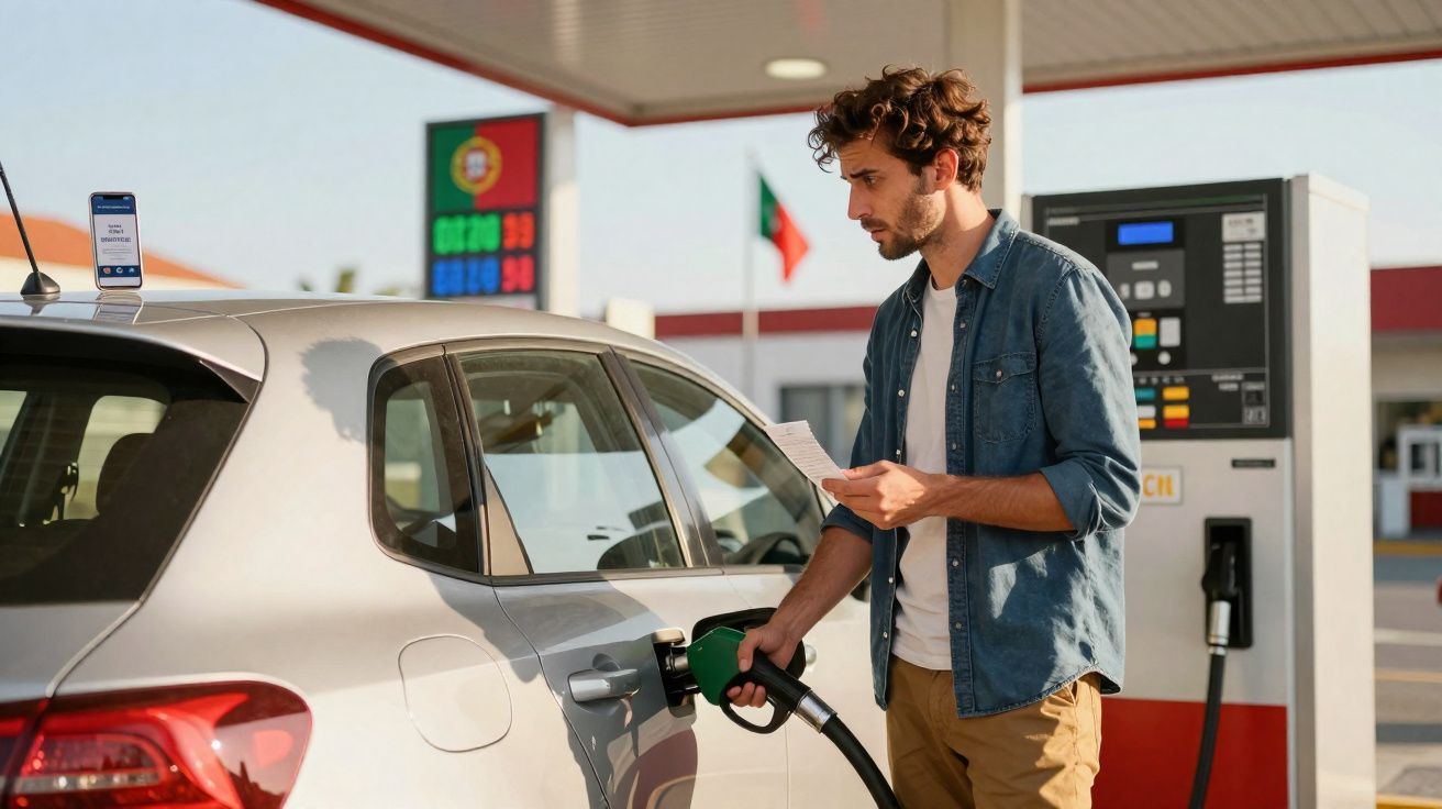 Homem abastecendo carro com gasolina em posto de combustível ao ar livre durante o dia.