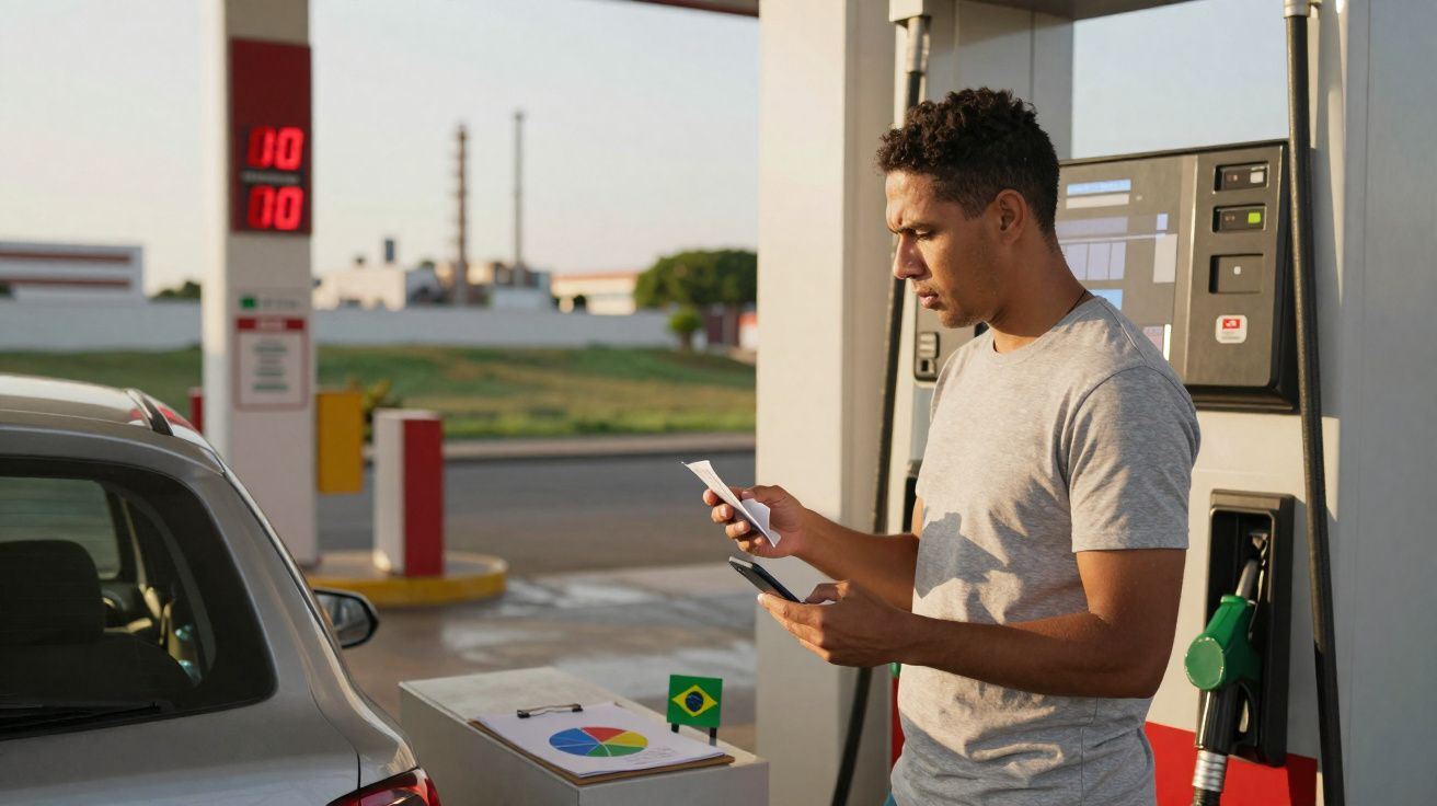 Homem segurando comprovante e celular em posto de gasolina ao lado de carro abastecendo.
