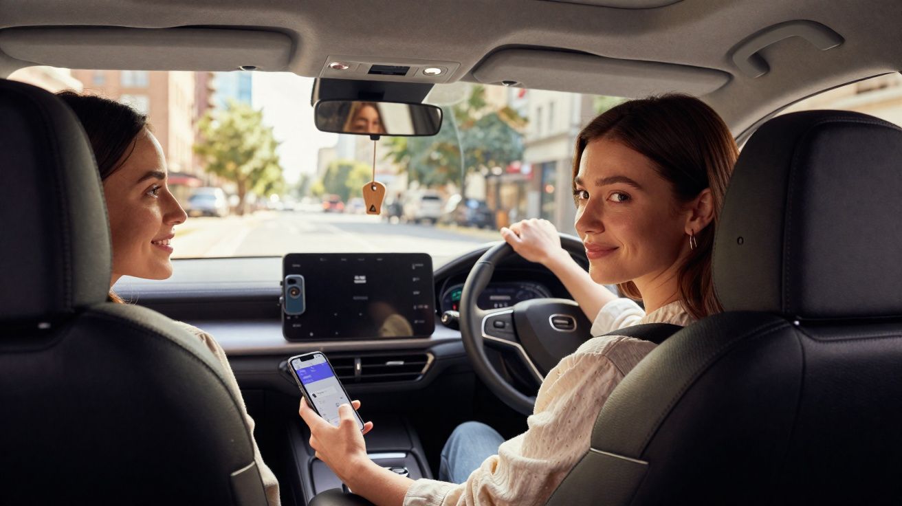 Interior de carro com duas mulheres, motorista olha para trás sorrindo enquanto passageira segura um celular.