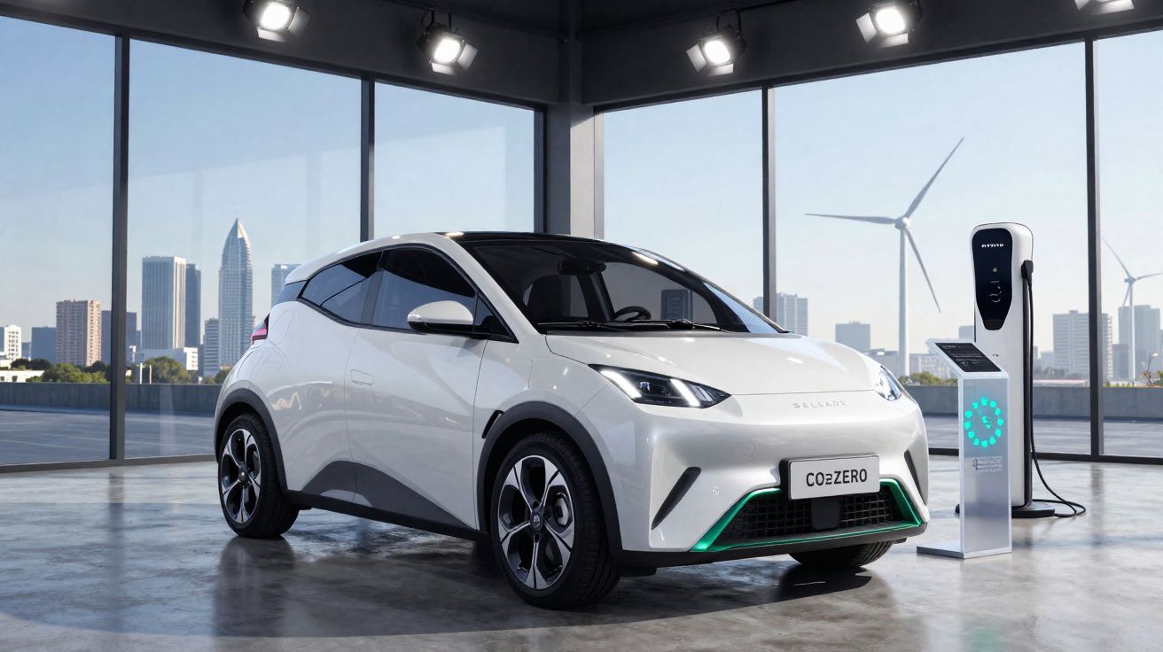 Carro elétrico branco estacionado em carregador, com turbinas eólicas e prédio ao fundo em ambiente interno moderno.