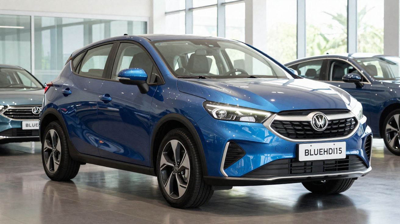 Carro SUV azul metálico exposto em showroom moderno com vidros amplos e piso refletivo.