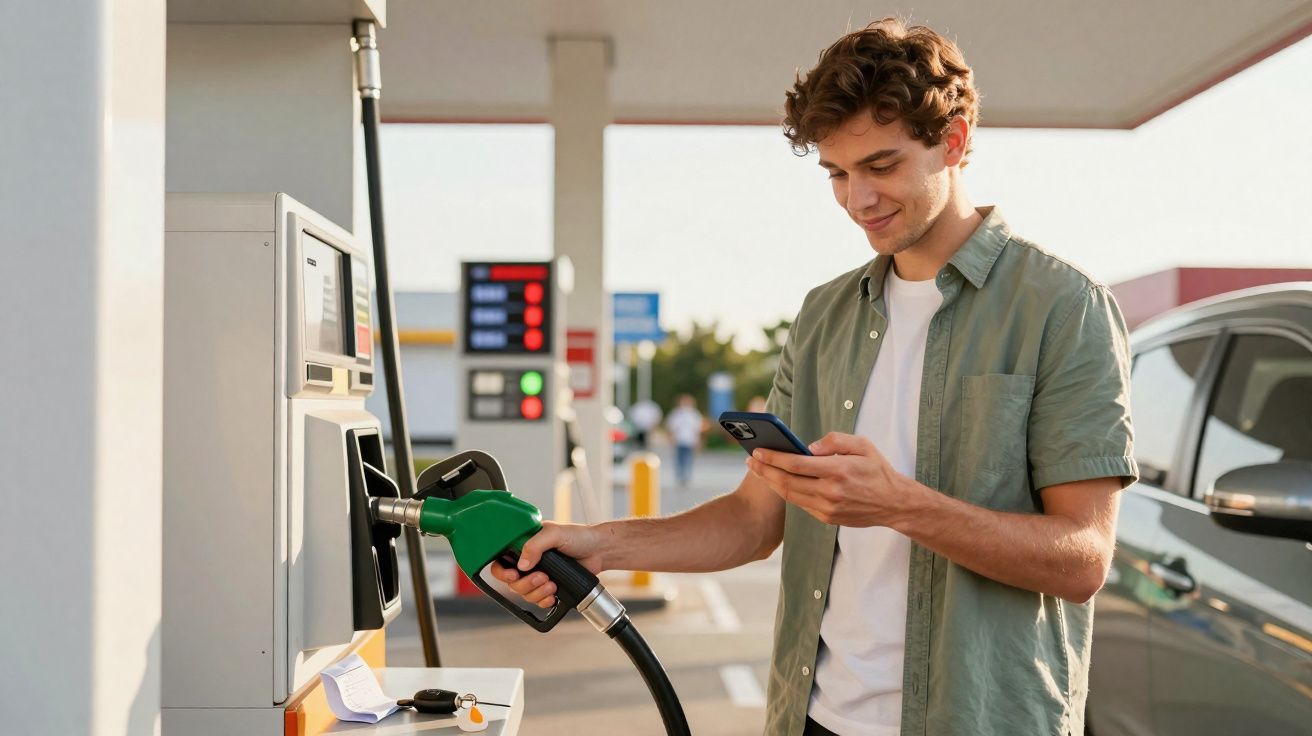 Homem abastecendo carro e mexendo no celular em posto de gasolina ao ar livre.