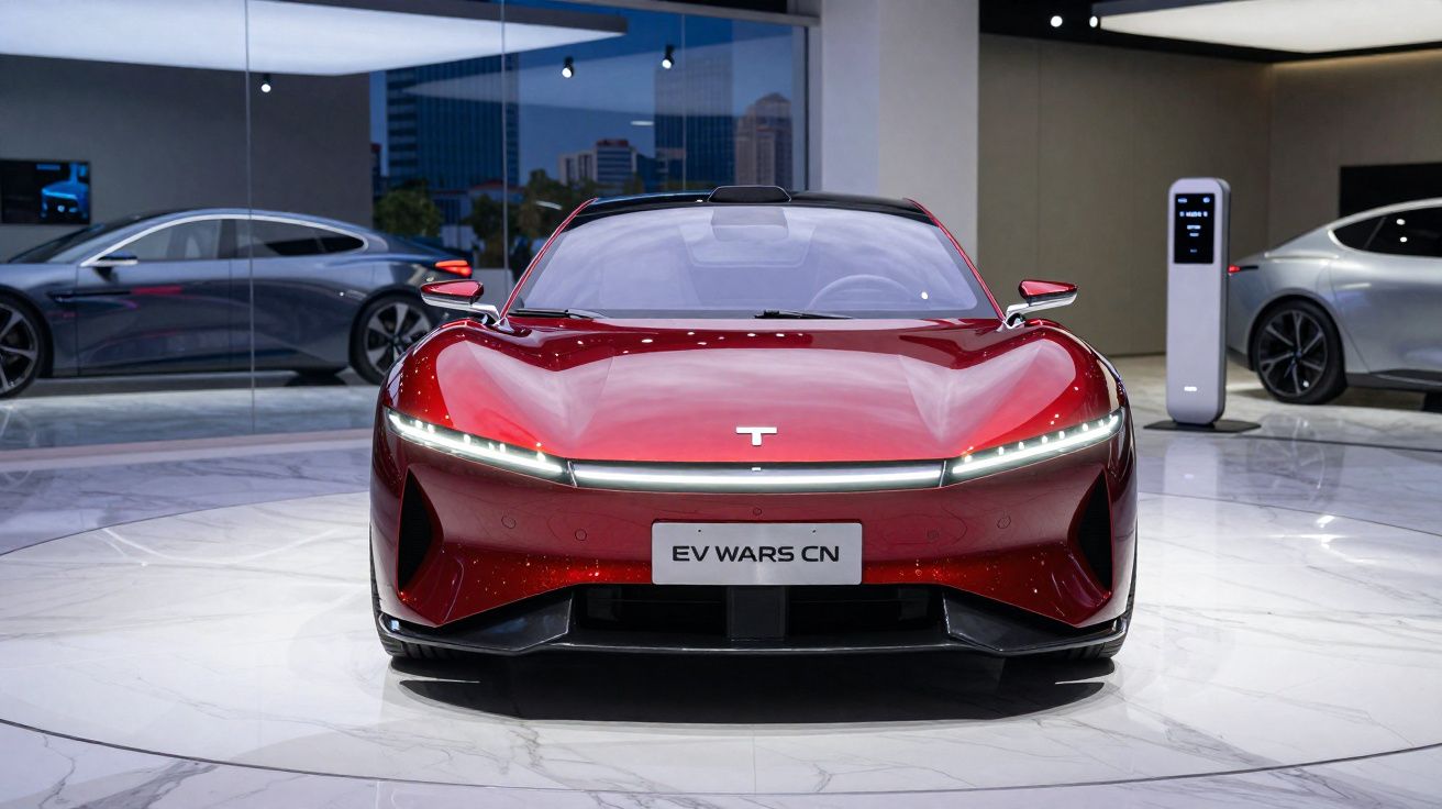 Carro esportivo elétrico vermelho em exibição em ambiente interno moderno com carros cinza ao fundo.