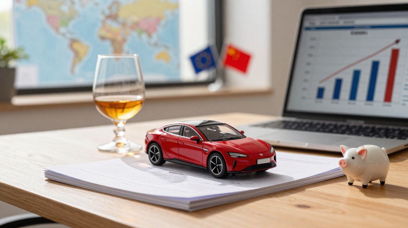 Miniatura de carro vermelho sobre documentos, ao lado de um porquinho de cerâmica e um copo com líquido âmbar.