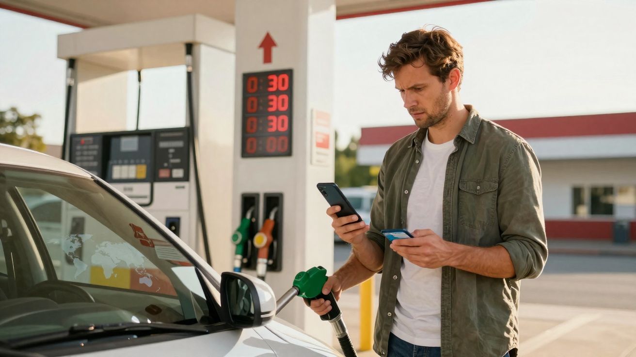 Homem abastecendo carro em posto de gasolina enquanto segura celular e cartão de crédito.