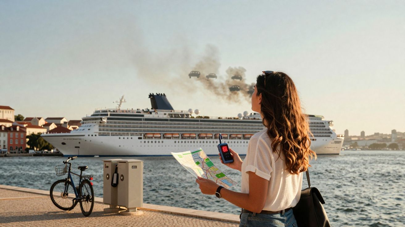 Mulher olhando para navio de cruzeiro no porto, segurando mapa e walkie-talkie, com bicicleta estacionada ao lado.