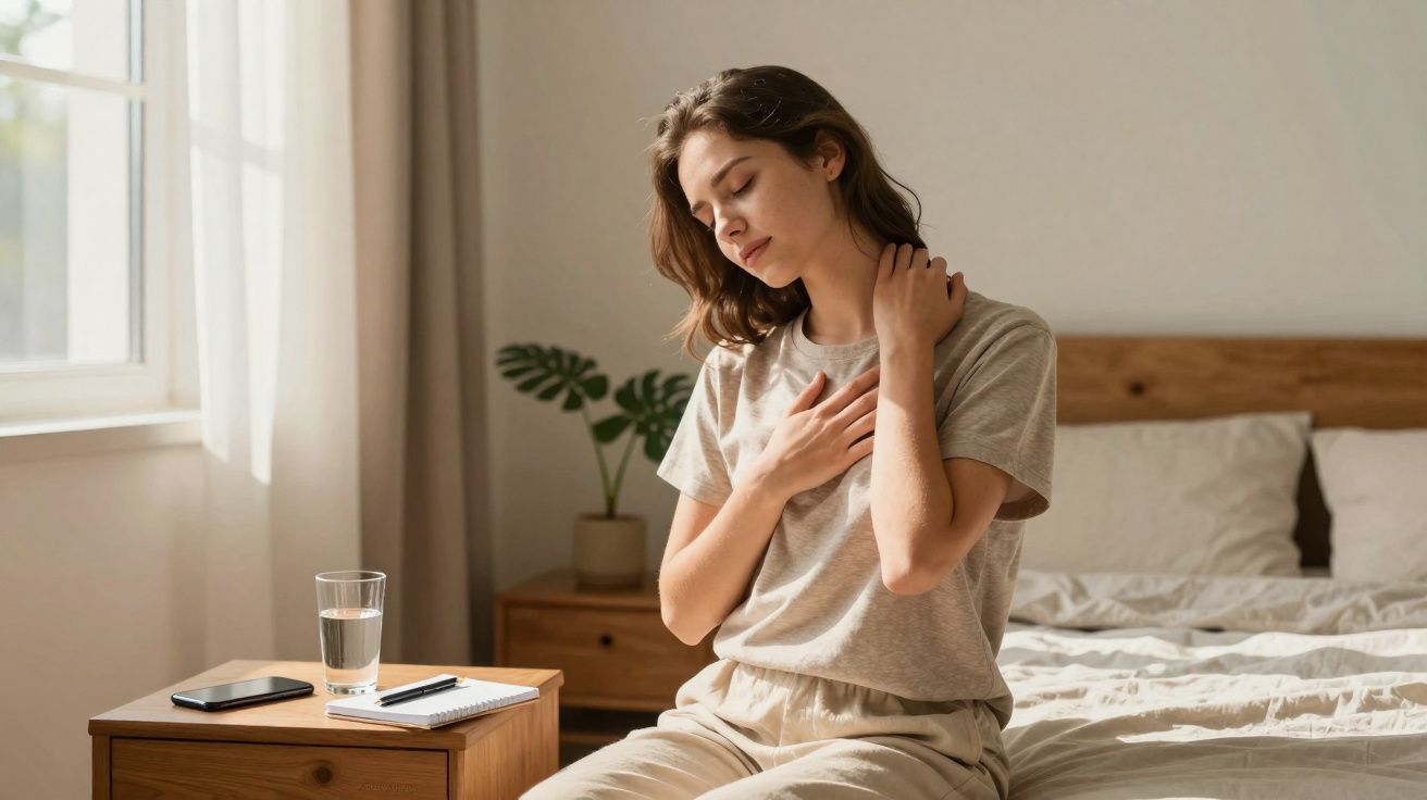 Mulher sentada na cama massageando o ombro com expressão de desconforto, ao lado mesa com copo d'água, celular e caderno.