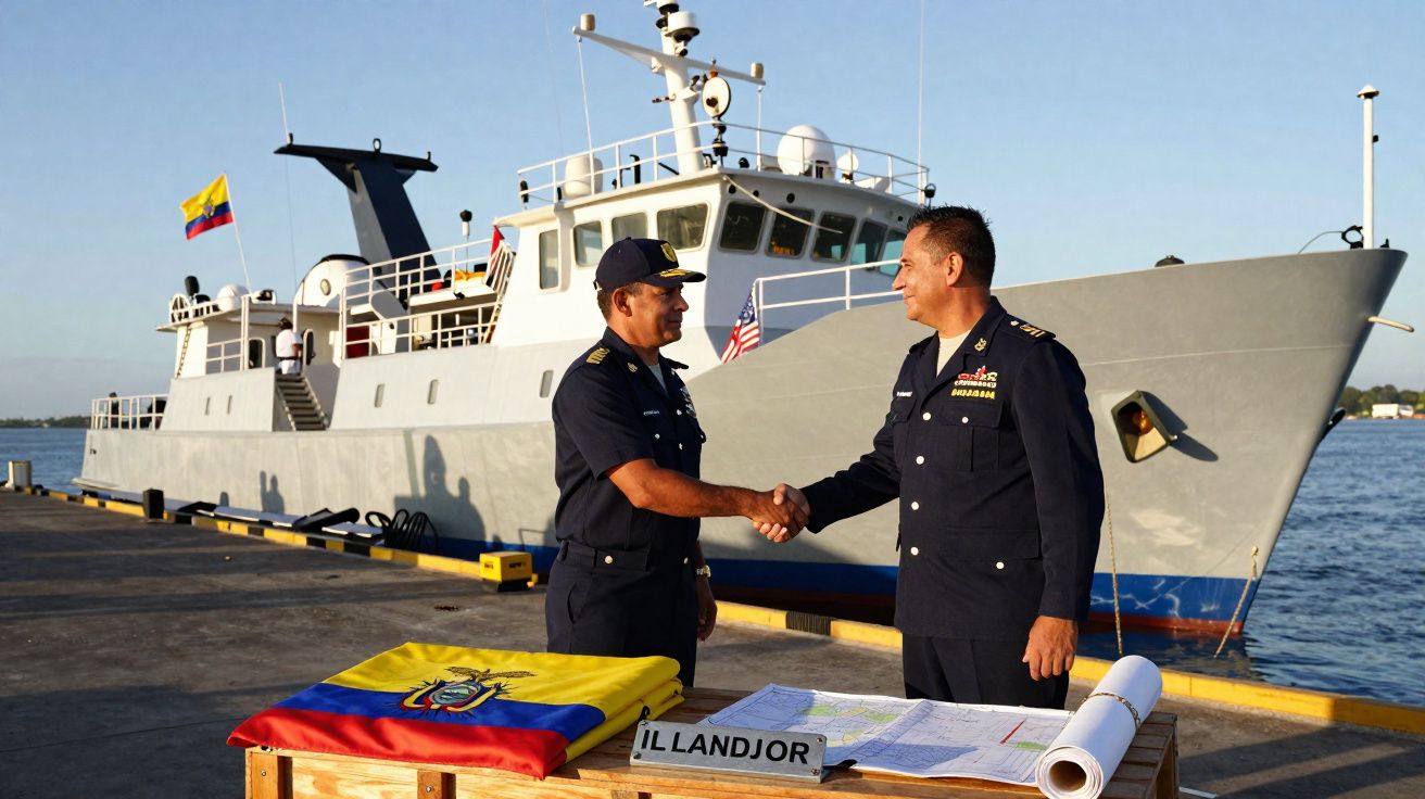 Dois oficiais militares apertando as mãos em um cais com um navio ao fundo e uma bandeira do Equador sobre a mesa.
