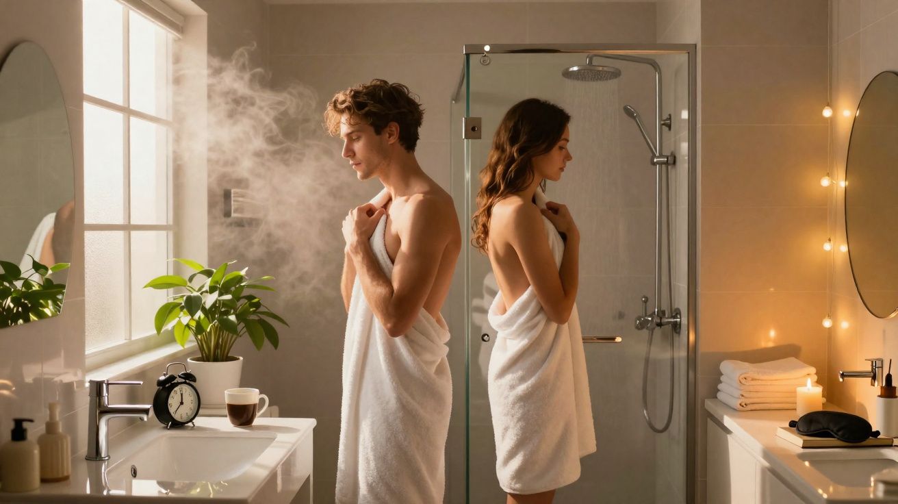 Homem e mulher com toalhas no banheiro, luz suave e vaporização no ambiente aconchegante.