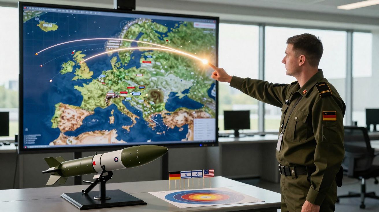 Militar alemão em sala de controle apontando para mapa digital da Europa com trajetórias de mísseis simuladas.