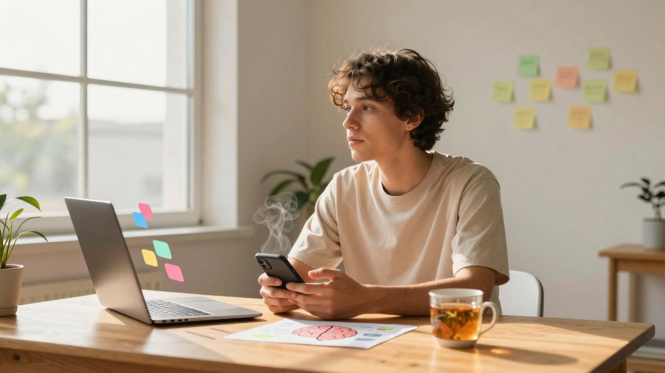 Jovem sentado à mesa com celular, laptop, chá e papéis, olhando pensativo pela janela.