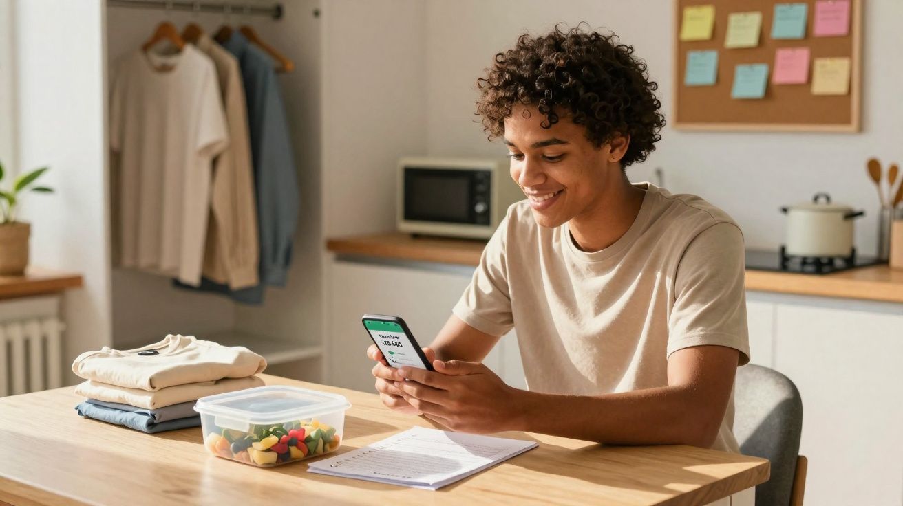 Jovem sorrindo usa celular sentado à mesa com caderno, roupas e marmita em ambiente claro e organizado.
